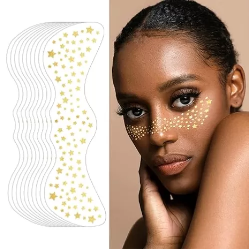 10 Sheets Gold Glitter Freckles Face Tattoo Stickers, Stars Hearts Freckles Face Tattoo Beauty Makeup Patches Sweatproof, Sparkle Freckles Face Fake Freckle for Women，Dance Music Party