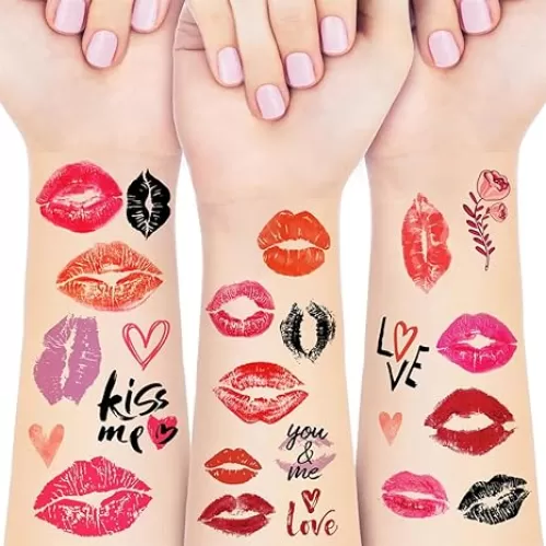 10 Sheets Temporary Tattoos Adult Red Lips Heart Love Rose Waterproof Fake Tattoos for Women Girls Man Valentines Wedding Party Supplies Face Body Art Decals