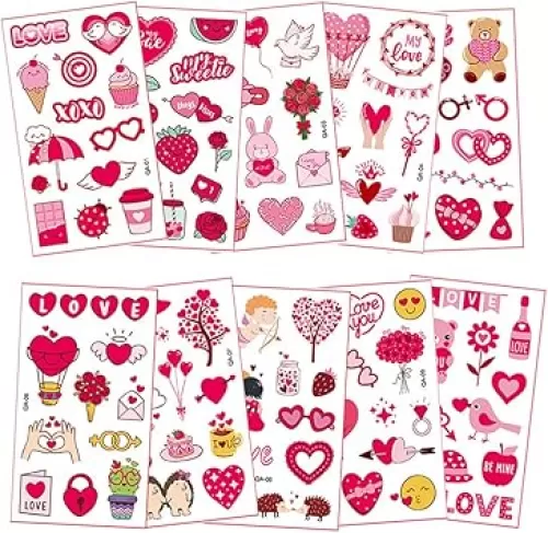 10 Sheets Valentine Tattoo Stickers Red Lip Heart Prints Temporary Tattoos Stickers Wedding Love Confessions Couple Bridesmaids Birthday Party Supplies Temporary Stickers for Women Men Kids