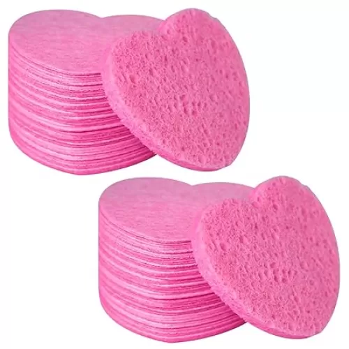 100-Count Compressed Facial Sponges for Estheticians Heart Shape Natural Cellulose Sponge Professional Cosmetic Spa Sponges for Face Cleansing, Massage, Pore Exfoliating, Mask, Makeup Removal, Pink
