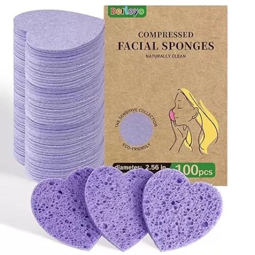 100-Count Compressed Facial Sponges, Heart Shape Face Sponge for Cleansing, Natural Cosmetic Spa Sponges for Facial Cleansing, Exfoliating Mask (Purple Heart Sponges)