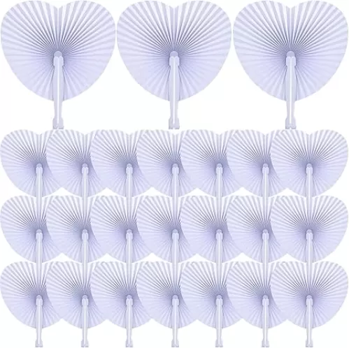 100 Packs Heart Shaped Wedding Folding Fans White Paper Fans Foldable Personalized Fan Decorative Blank Fan Round Handheld Fan with Plastic Fan Handles for Women Guest Wedding Party Pocket Favor