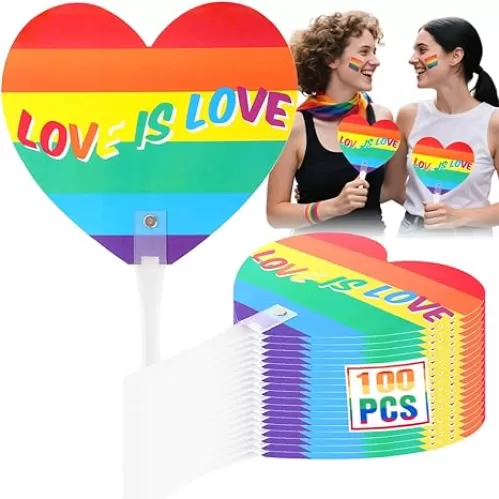 100 PCS LOVE IS LOVE Rainbow Hand Fans, Plastic Handheld Gay Pride Favor Fans for LGBT, Heart Shape Rainbow Fan Bulk for Parade Party Supplies Pride Month Gifts