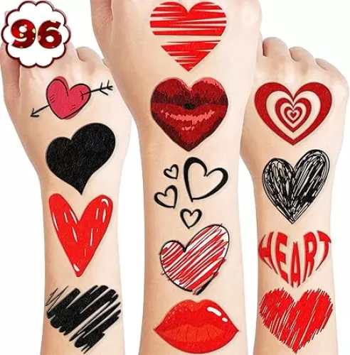 100 PCS Red Heart Temporary Tattoos Themed Birthday Party Decorations Supplies Favors Decor Valentine Love Tattoo Stickers Gifts for Game Boys Girls Classroom School Prizes Reward Couple Anniversary