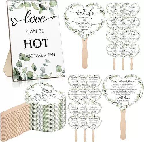 100 Pcs Wedding Fans for Guest and 1 PC Love is Hot Sign Wooden Wedding Table Sign Handheld Paper Heart Shape Fans with Wood Handle Bridal Shower Favor(Greenery)