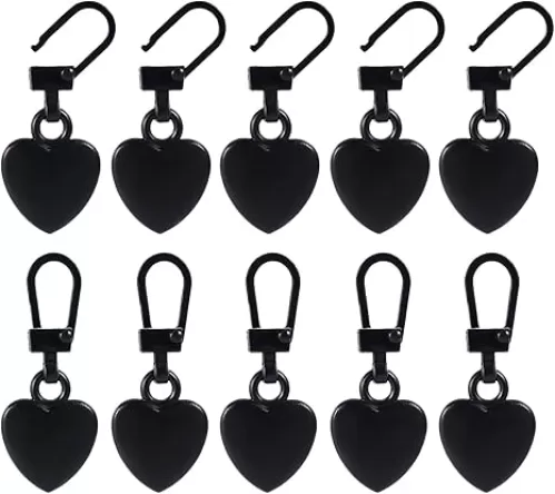10pcs Zipper Pull Replacement, Detachable Metal Zipper Pull Kit Heart Shaped Zipper Pulls for Coats Backpacks Jackets Pants Jeans Suitcase Purses Handbags (Black)