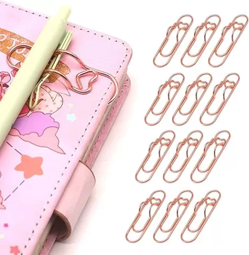 12-Pack Pen Holder Clips for Notebook, Cute Heart Paper Clips, Rose Gold Office Supplies(12 Rose Gold)