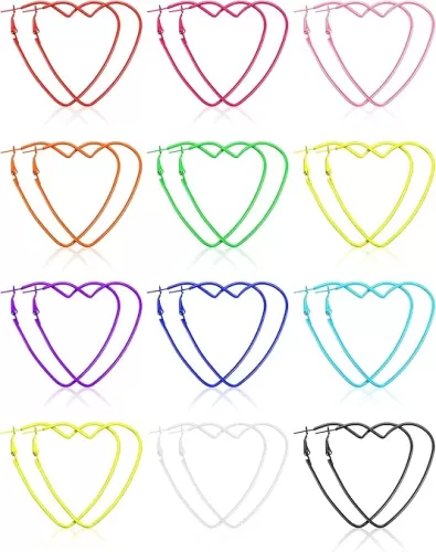12 Pairs 80s Classic Big Earrings 90s Retro Neon Earrings Party Dangle Earrings Accessories for Women (Heart Style)
