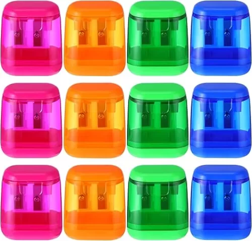 12 Pcs Manual Pencil Sharpeners, Dual Holes Handheld Compact Colored Pencil Sharpener with Lid Bulk for School Office, Back to School Donation Supplies Party Favors