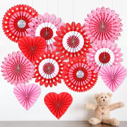12 Pcs Red Paper Fans Hanging Paper Fans Flower Set Red Party Decorations Photo Backdrop for Wedding Birthday Engagement Bridal Shower Bachelorette Anniversary Baby Shower Holiday Celebration