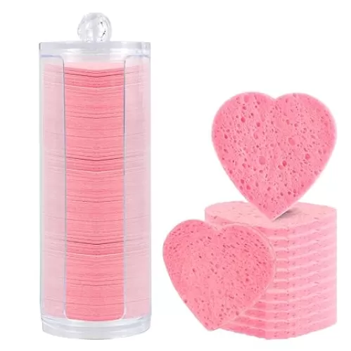 120-Count Compressed Facial Sponges with Container, Disposable Heart Shape Cosmetic Spa Face Sponge for Cleansing, Massage, Exfoliating Mask and Makeup Removal(Pink)