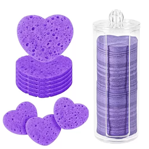 120pcs Heart Shaped Facial Sponges, Wood Pulp, Purple; Face Washing, Makeup Removal, Exfoliating