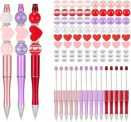 121Pcs Ballpoint Pen Set with Beadable Ballpoint Pen, Round/Heart Beads, Heat Transfer Pen Funny Writing Pen