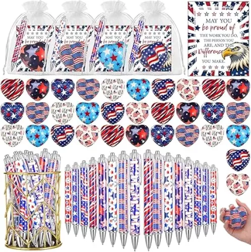 128 Pcs 4th of July Ballpoint Pens and 2. 75in Stress Balls with Gift Cards Set Patriotic Gifts Bulk Independence Day Pens Stress Balls White Organza Bags for School Party(Heart Shaped)