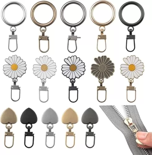 15 PCS Multicolor Zipper Pull Replacement - Heart, Daisy, and Circle Shaped Metal Tabs, Premium Decorative Cute Fasteners for Suitcase, Luggage, Backpacks, Purses, Coats, Jackets, Handbags