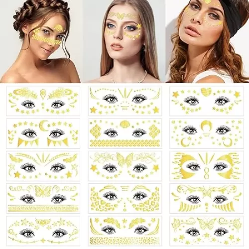 15 Sheets Face Temporary Tattoo Sticker Glitter Metallic Gold Butterfly Flowers Star Moon heart-shaped for Women Girls Halloween Rave Festivals Party Makeup Supplies