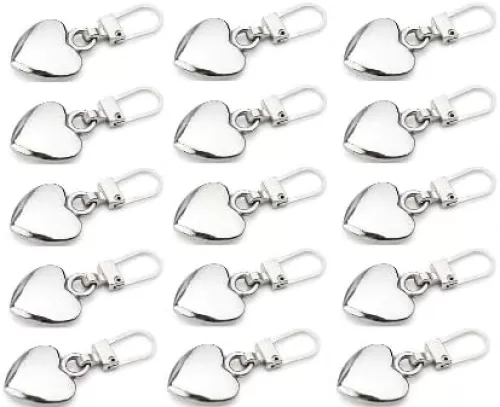 15Pcs Silver Heart Shape Zipper Pull 15 Pieces Detachable Cute Creative Zippers Replacement Repair Kits for Coats Jackets Pants Luggage Sewing Notions and Supplies Accessories