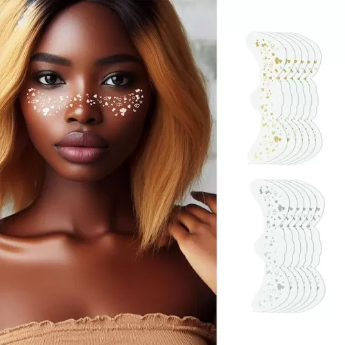 16 Pcs Sparkle Makeup Patches, Cute Heart-Shaped Glitter Freckles Face Tattoo, Silver & Gold Combination, Long-Lasting Temporary Face Freckles for Women, DIY Makeup Speckles, Easy to Use