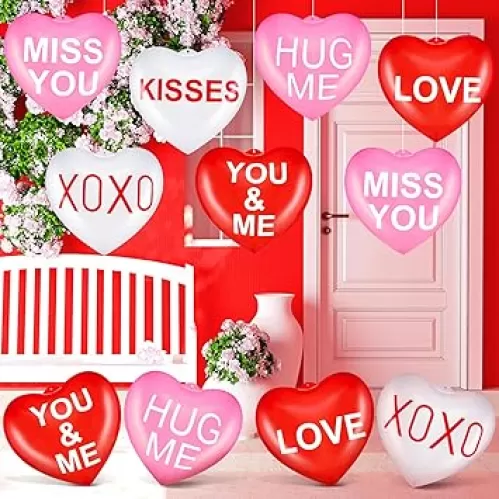 18 Pcs 12'' Valentine's Day Inflatable Heart Outdoor Decorations Large Inflatable Conversation Hearts Valentines Heart Hanging Ornaments for Yard Decors Wedding Anniversary Party(Love)