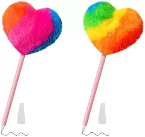 2 Pcs Colorful Cute Pom Pom Pens Fluffy Ball Pens Heart-shaped Fluffy Pen for Girls 2 Styles of Rainbow Fun Pen for Office School Girls Women Pens and Refills
