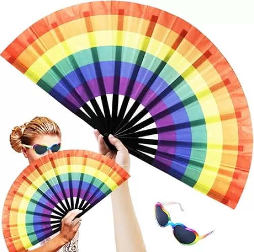 2 Pcs Foldable Hand-held Folding Fan Rainbow Carnival Accessory Proud Heart Sunglasses Large Oxford Cloth Folding Holiday Fan Craft Fan Dance Fan