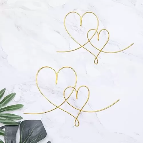 2 Pieces Metal Duo Hearts Wall Decor, Metal Wire Heart Signs Wall Art, Love Heart Wall Decoration For Home Bedroom Living Room Wall Shelf Hanging Decoration Valentine's Day Gifts (Gold)