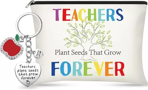 2 Pieces Teacher Appreciation Gifts Set It Takes a Big Heart to Help Shape Little Minds Makeup Cosmetic Pouch Pencil Bag and Teacher Keychains for School Festival (Tree Pattern)
