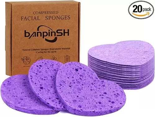 20 Count Heart Shape Compressed Facial Sponges with Case for Travel, 100% Natural Cellulose Facial Cleansing Sponges Pads Exfoliating Sponges for Cleansing, Pore Exfoliating, Makeup Removal (Purple)