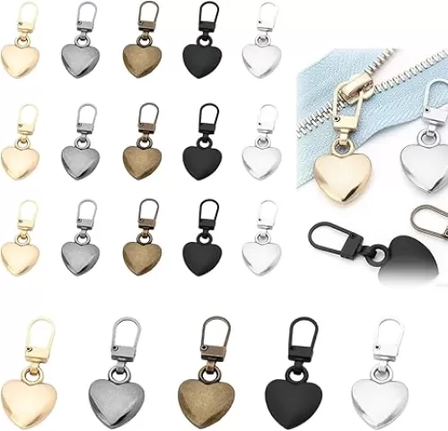 20 Pcs Zipper Pull Replacement Universal Replacement Zipper Pull tab Repair for Jacket, Backpack, Bag, Luggage, Purse, Coat, Pants (Heart 5 Colors, Gold, Silver, Bronze, Gray, Black)