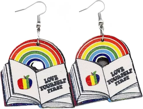 2025 Apple Heart Pencil Book Rainbow Shaped Back To School Earrings for Teachers First Day of School Teacher's Earrings Hook Dangling Earrings for Women