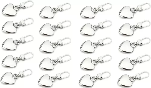 20Pcs Silver Heart Shape Zipper Pull 5 Pieces Detachable Cute Creative Zippers Replacement Repair Kits for Coats Jackets Pants Luggage Sewing Notions and Supplies, Sewing