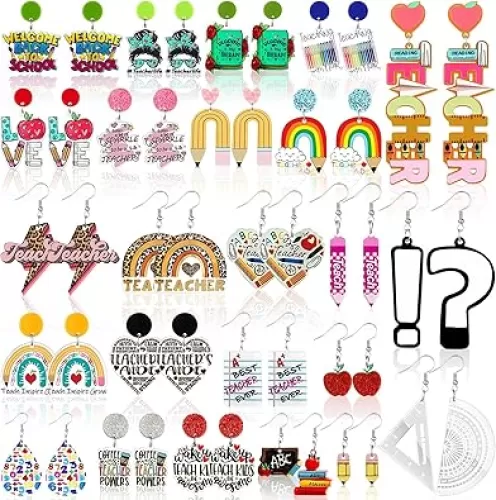 24 Pairs Teacher Earrings for Women Acrylic Earrings Bulk Colorful Pencil Apple Rainbow Book Protractor Heart Shaped Jewelry for Student Appreciation Teacher Week Gifts