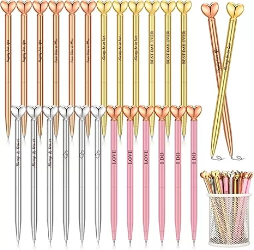 24 Pcs Heart Shaped Pens Retractable Metal Cute Pens Black Ink Ballpoint for Women Wedding Bridal Shower Sleepover Party Valentines Gifts Office Supplies Favor