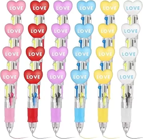 24 Pcs Multicolor Valentine Ballpoint Pen Bulk 4 in 1 Retractable Valentine Ballpoint Writing Pens Colored Mini Heart Gifts for Home Love Theme Party Supplies Favors Exchange Gifts