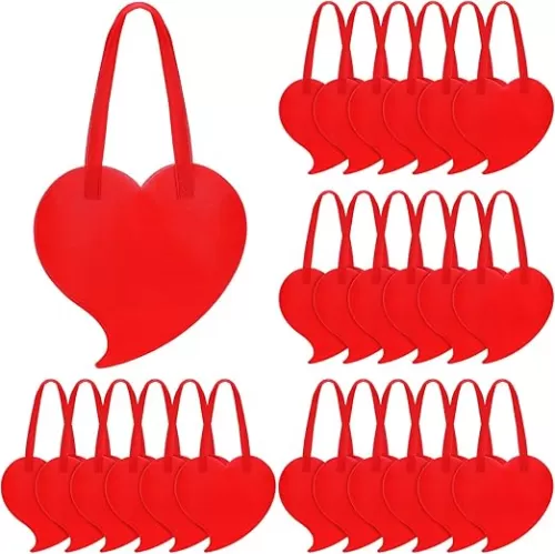 24 Pcs Valentine's Day Tote Bags - Medium Nonwoven Red Heart-shaped Reusable Valentines Gift Bags with Handles for Gift Exchange, Party, Wedding Favor