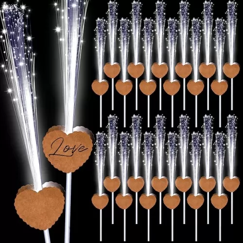 24 Pcs Wedding Sparklers Heart Shaped LED Glow Sticks White Fiber Optic Wands Light up Wand with 3 Light Mode for Wedding Bridal Shower Birthday Glow in the Dark Party Supplies