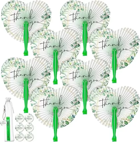 24 Sets Thank You Fans for Wedding Handheld Paper Fan Greenery Eucalyptus Heart Fans with Organza Bags Gift Cards Foldable Fans Wedding Bridal Shower Party Goodie Favors