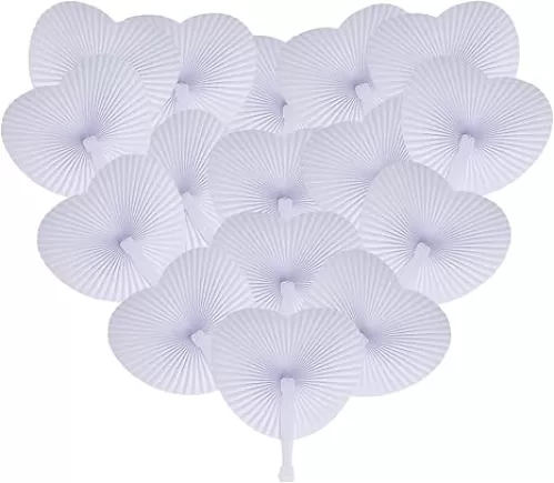 24Pcs White Wedding Fans Paper Folding Handheld Fans Heart Shaped with Plastic Handle for Birthday Party Favors Summer Supplies
