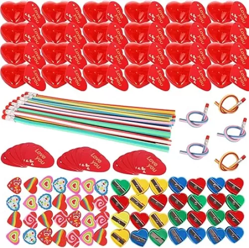 28 Count Valentine's Day Stationery Set: Bendy Pencils, Heart Erasers, Sharpener, Cards & Heart Boxes for Kids' Parties, Classroom Gifts & Exchanges
