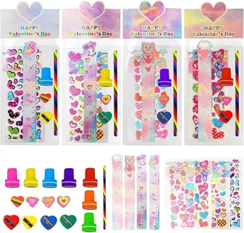 28-Pack Valentines Day Cards for Kids School – Valentine Stationery Set with Colorful Pencils, Heart Erasers, Rulers, Stickers, and More | Perfect Classroom Exchange Gifts & Kids Valentines Day Set