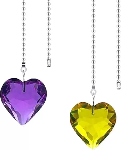 2pcs Crystal Heart Prisms Pendant Ceiling Fan Pull Chain Extender with Ball Chain Connector, Fan Chain Pulls Decorative for Ceiling Fan Light (Golden Yellow+Purple)