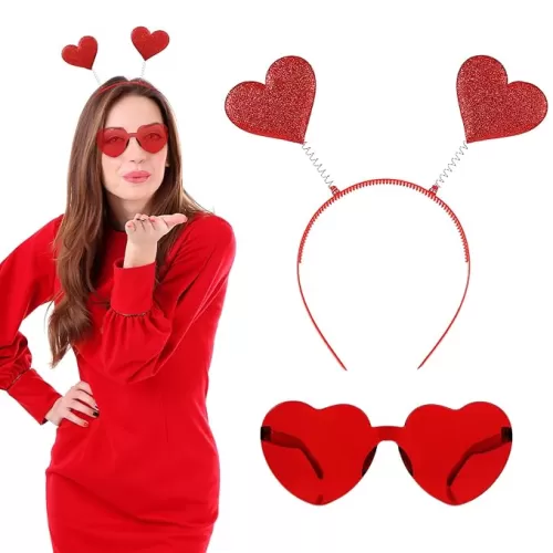 2PCS Red Heart Headband Heart Head Boppers Heart Shape Sunglasses Christmas Accessories For Women Heart Headband Sequins Heart Shaped Headband Cupid Glitter Hair Band For Party