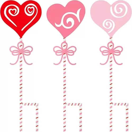 3 Pcs Metal Heart Stakes - Valentine's Day Garden Stakes Decor - Yard Stakes for Flower Pot, Porch, Patio, Pathway, Outside Lawn Decor