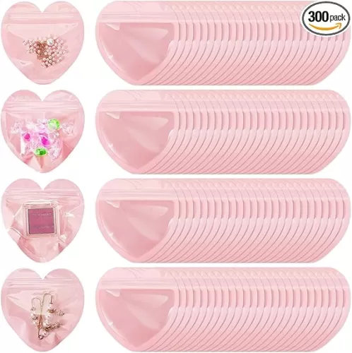 300 Pcs Heart-shaped Jewelry Packaging Bags Small Jewelry Transparent Resealable Cute Treat Bags for Business Wedding Birthday Festival Party Favor Supplies(Pink, Heart Shaped)