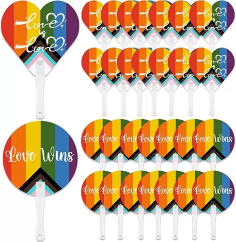 30Pcs Pride Hand Fans Love Wins Handheld Fan Rainbow Accessories Bisexual Lesbian Gay LGBTQ Plastic Heart and Round Shape Colorful Decorations for Pride Month Parade Festival Events Party Supplies