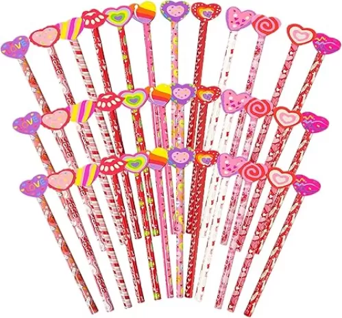 36 Pieces Valentine's Day Pencils with Giant Eraser Assortment, 12 Styles, Heart Themed, Unisex, Party Favors