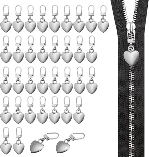 36Pcs Heart Shape Zipper Hand Pull Silver Zipper Pull Replacement Zipper Pull Repair for Jackets, Purses