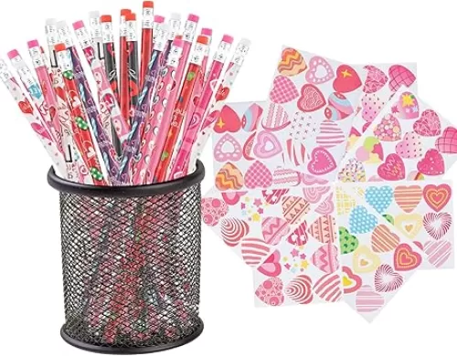 36pcs Valentines Day Pencil with 8 Sheets Heart Sticker Assorted Valentines Stationery Pencil for Valentine's Day Goodie Bag Filler Gift Prize Party Favor Classroom Reward