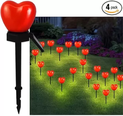 4 Pack Solar Lights Outdoor - Heart-Shaped Solar Garden Lights, Heart-Shaped Solar Flower Lights for Patio, Yard Decoration, Bigger and Wider Solar Panel (Red)