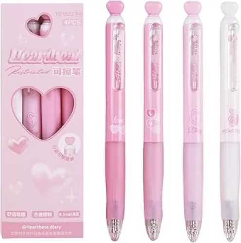 4 Pcs Erasable Gel Ink Pens Cute Retractable Pens Aesthetic Pink Heart Pen 0.5mm Black Ink Erasable Pen for Women Girls Boys Men Office School Supplies (Black Ink)